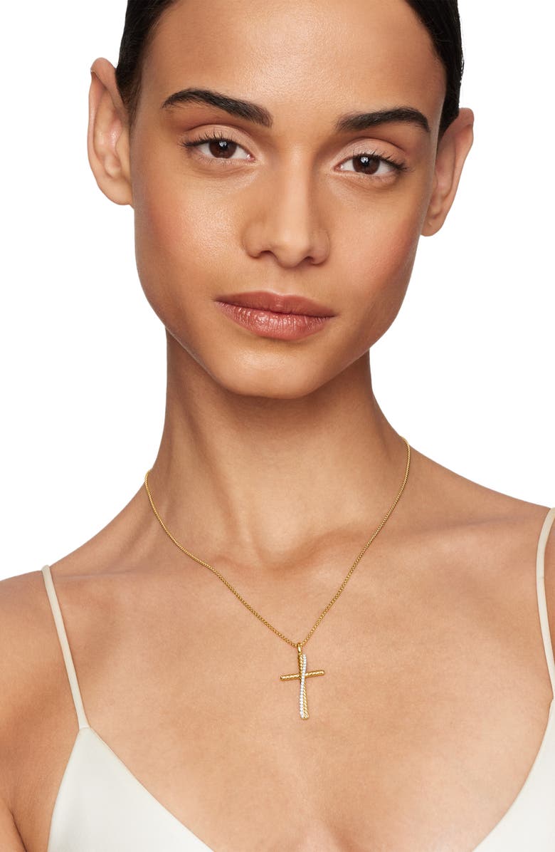 David Yurman Crossover Cross Necklace in 18K Yellow Gold with Pavé Diamonds, Alternate, color, 