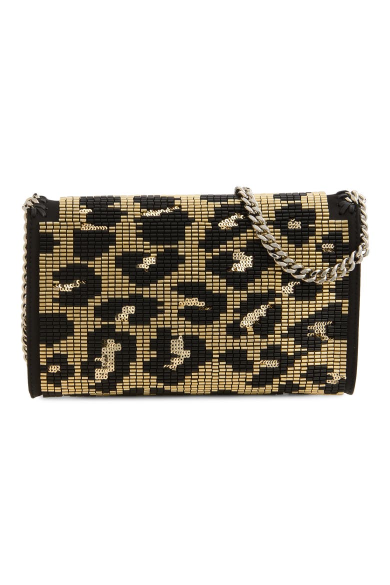 Falabella Beaded Leopard Wallet on a Chain, Alternate, color, BLACK/ GOLD