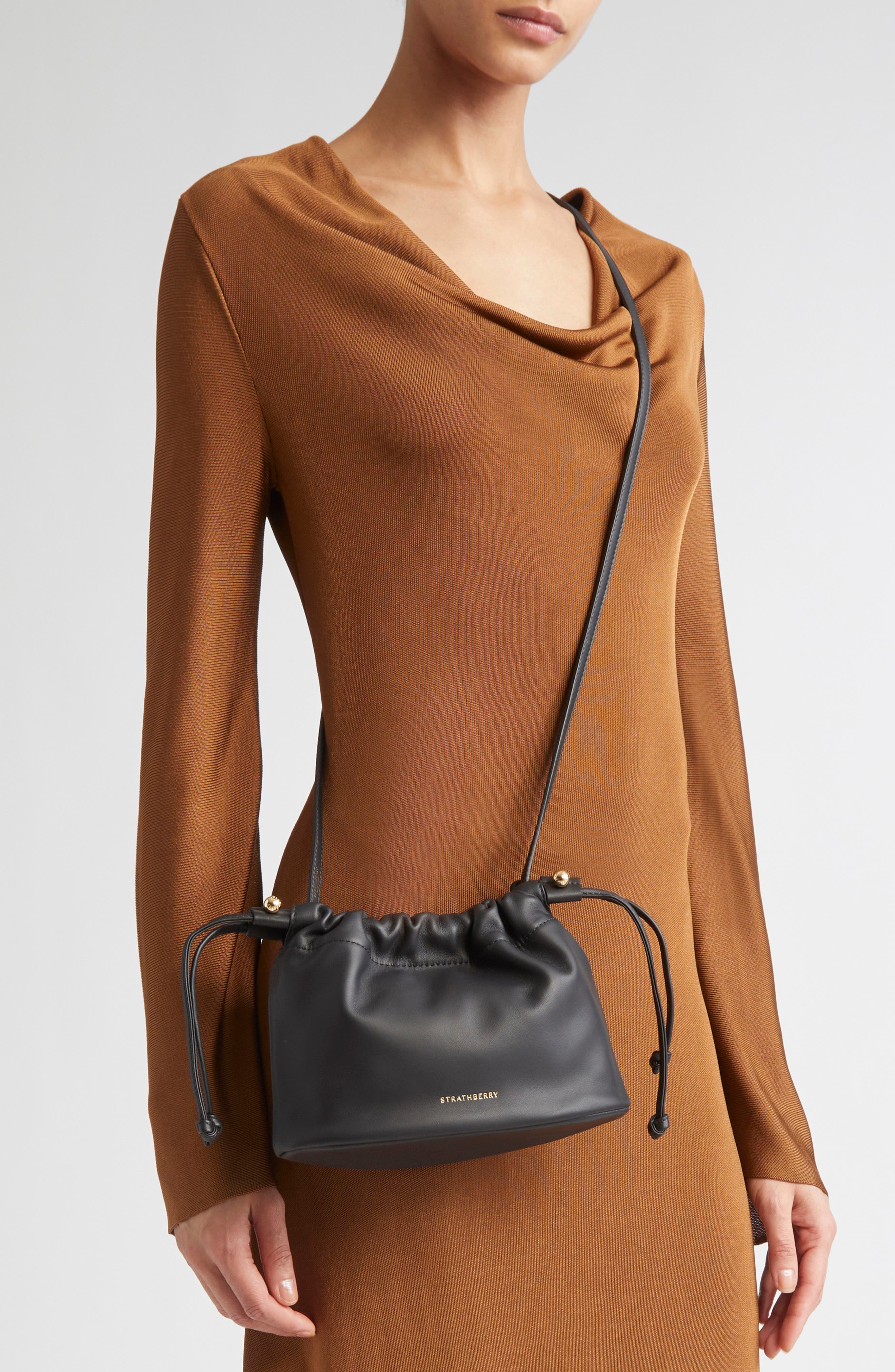 Strathberry Drawstring Leather Crossbody Bag, Alternate, color, Black