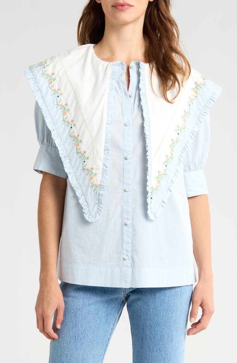 Damson Madder Summer Sandy Embroidered Collar Organic Cotton Short Sleeve Button-Up Sshirt, Main, color,