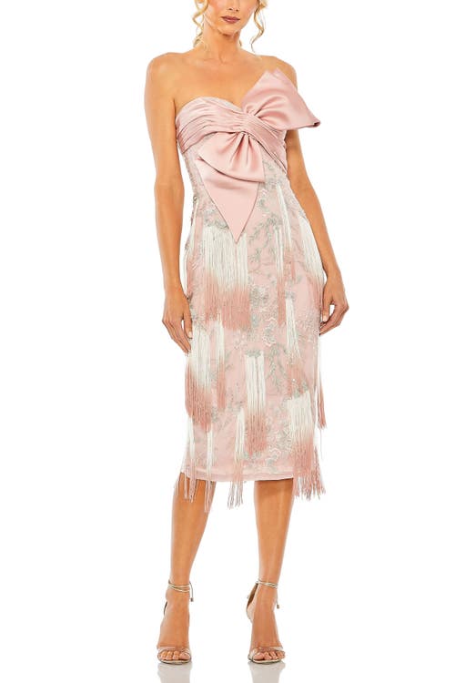 Mac Duggal Bow Front Strapless Fringe Midi Dress In Rose