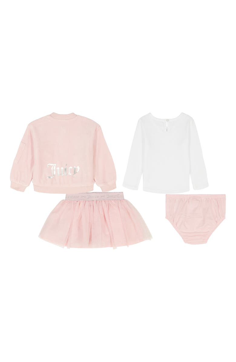 Juicy Couture Logo Bomber Jacket, Long Sleeve T-Shirt, Skirt & Bloomers Set, Alternate, color, Pink