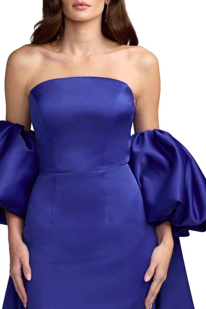 Strapless Puff Sleeve Satin Gown With Cape, Alternate, color, Cobalt