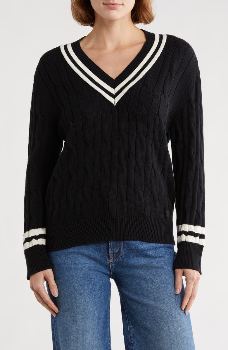 DKNY Tipped Stripe V-Neck Cotton Sweater, Main, color,