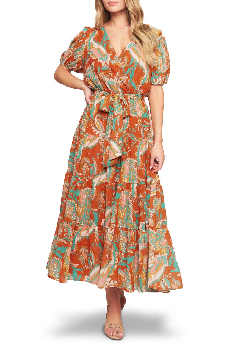 Print Tiered Midi Dress, Main, color, RUST