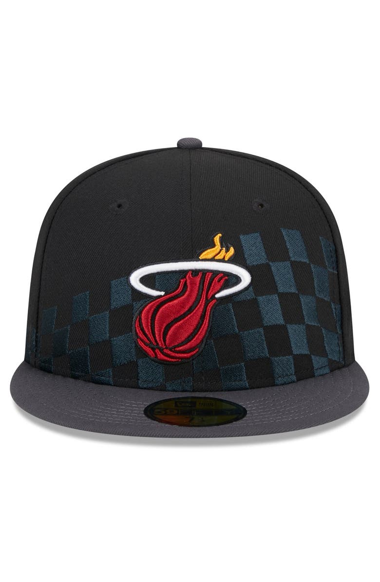 New Era Men's New Era Black Miami Heat Rally Drive Checkerboard 59FIFTY Crown Fitted Hat, Alternate, color, Black