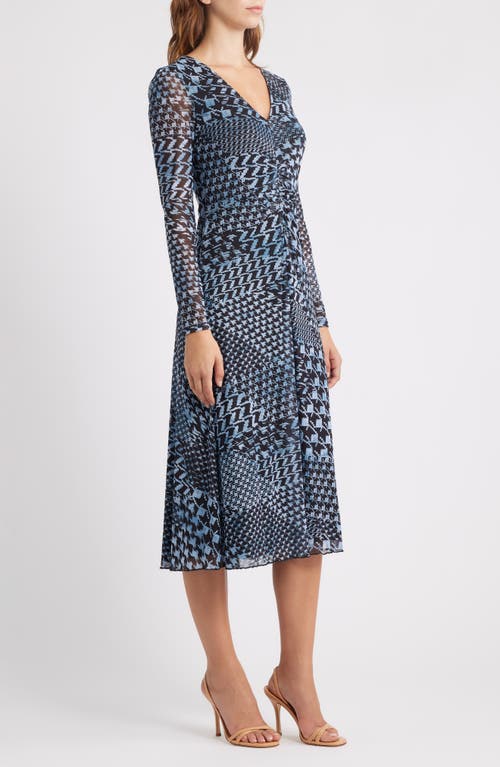 Eliza J Mixed Print Long Sleeve Midi Dress In Blue