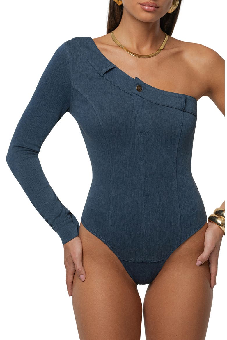 Button Me Up One-Shoulder Bodysuit, Alternate, color, DARK DENIM