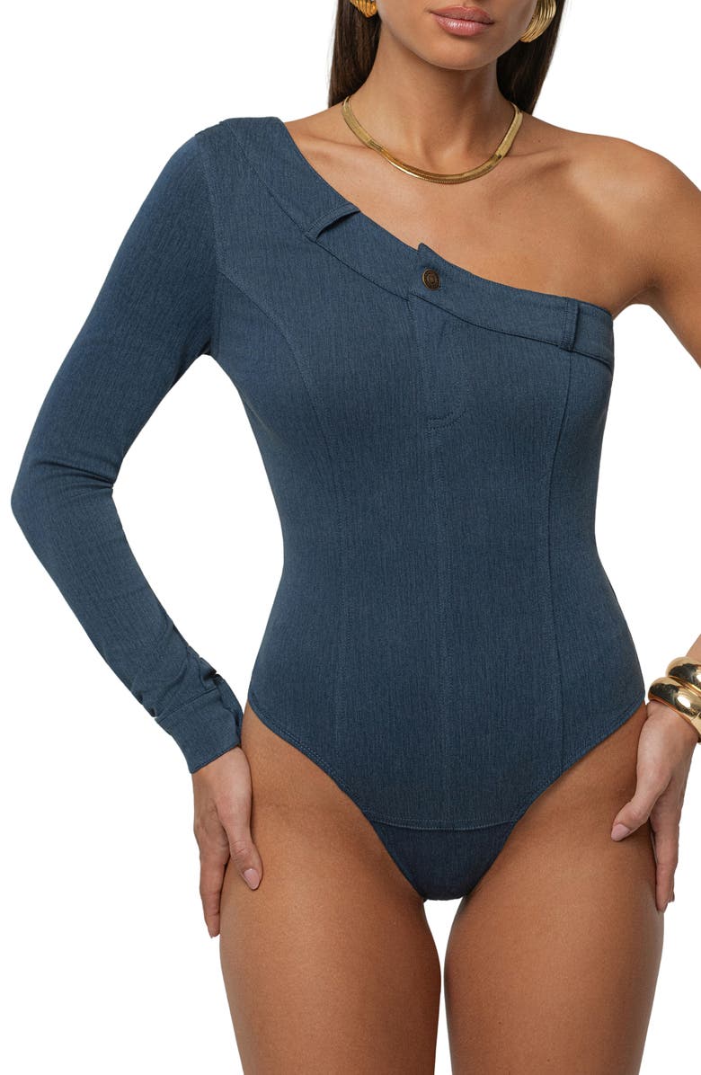 JLUXLABEL Button Me Up One-Shoulder Bodysuit, Alternate, color, Dark Denim