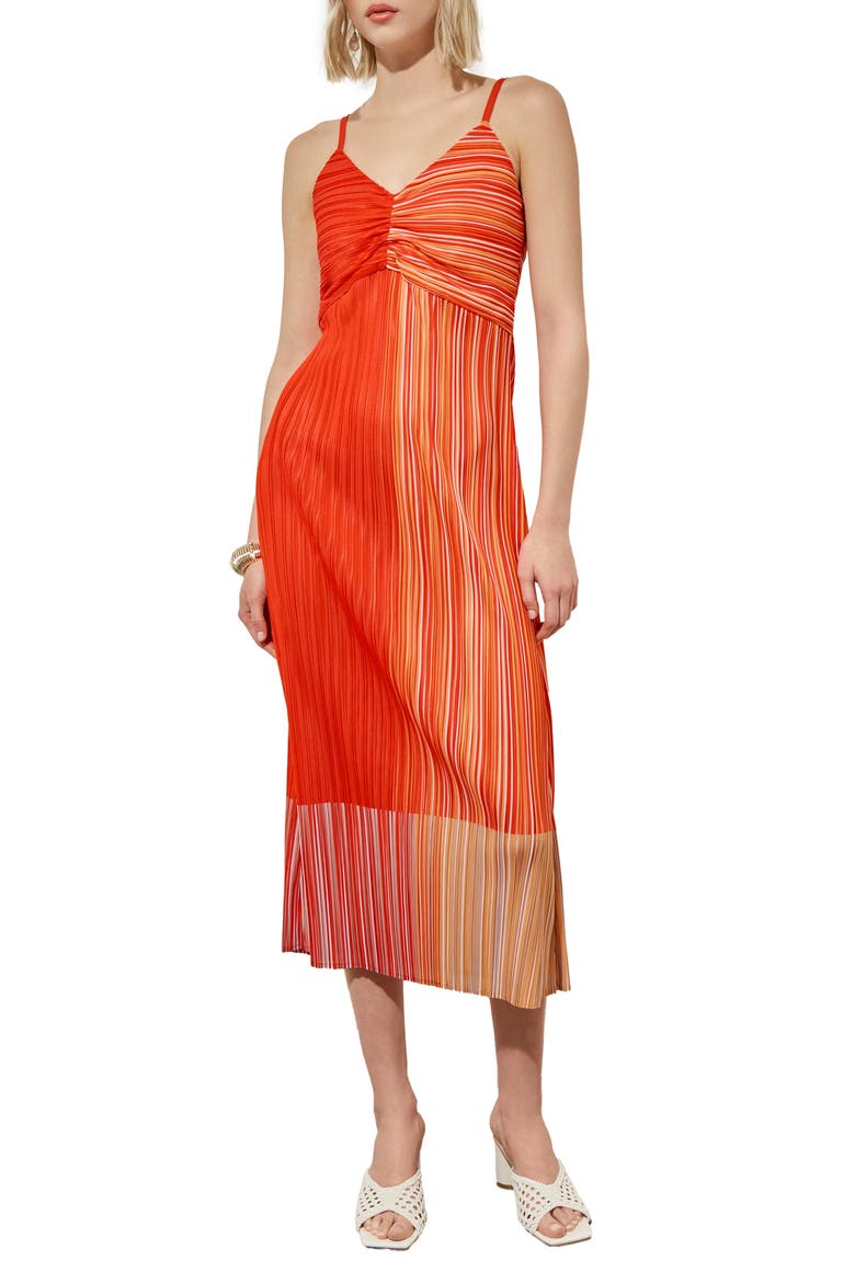 Ombré Stripe Crêpe de Chine Midi Dress, Main, color, FLAME