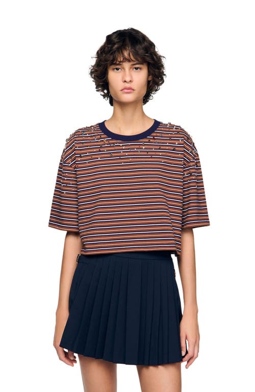 Sandro Striped Rhinestone T-shirt In Brown