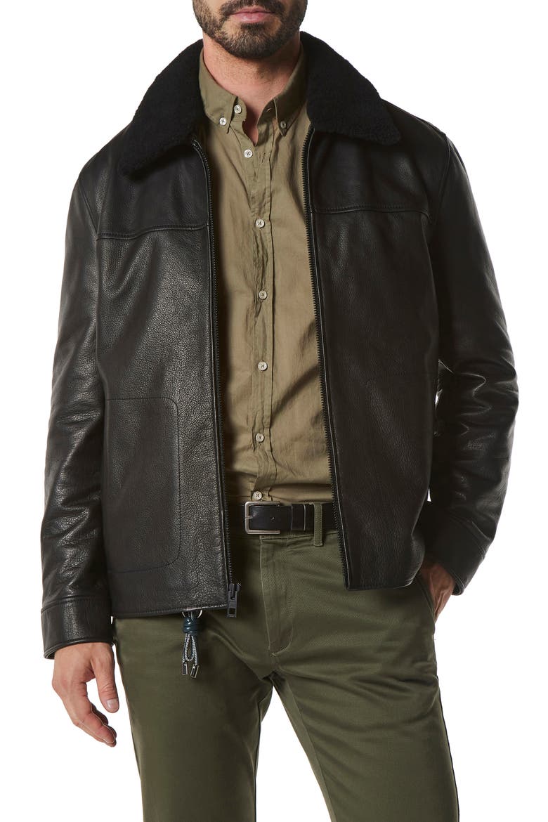 Truxton Genuine Shearling Trim Leather Jacket, Main, color, BLACK