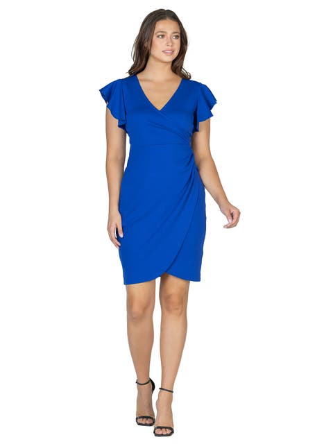 Petite V Neck Ruffle Sleeve Knee Length Dress