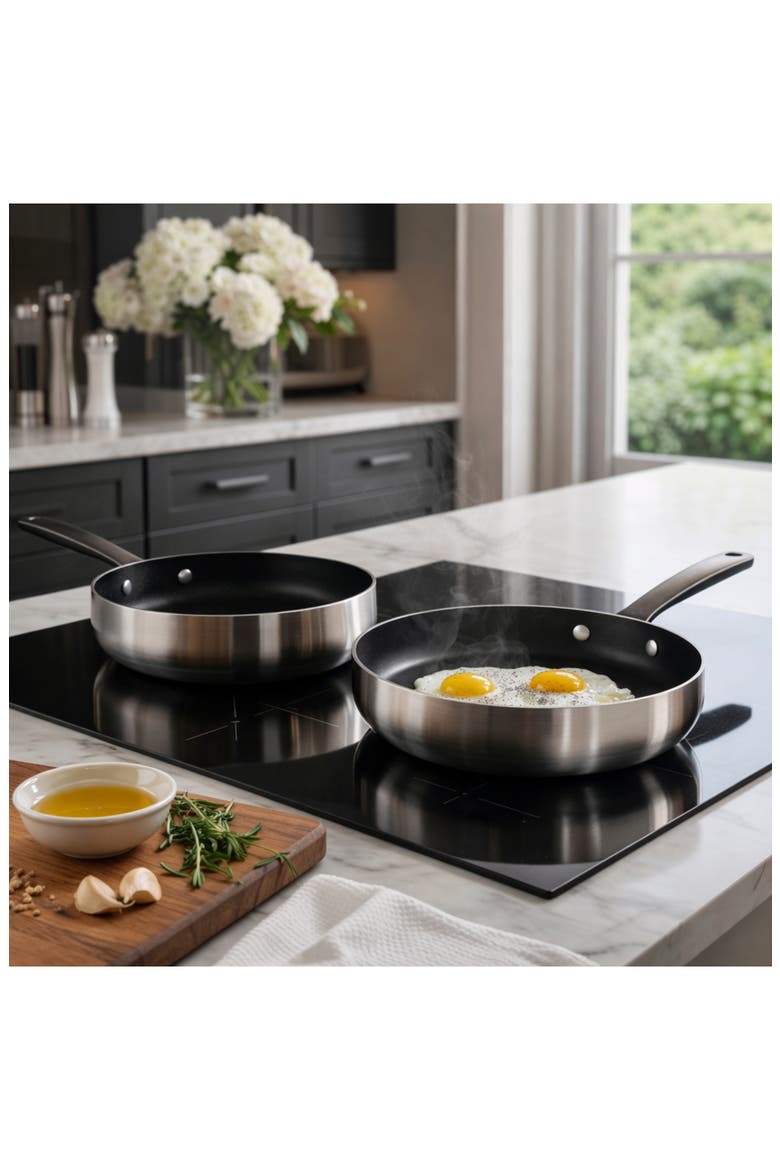 Belly Tri-Ply Stainless Steel 2-Piece Fry Pan Set, Alternate, color, SMOKEY BLACK