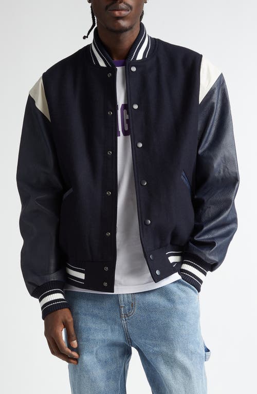 Noon Goons Sayonara Mixed Media Varsity Jacket in Dark Navy 