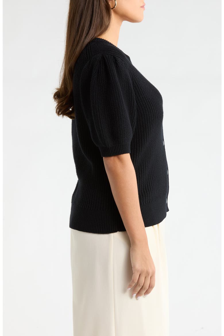 Puff Sleeve Cotton & Merino Wool Cardigan, Alternate, color, BLACK