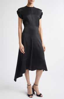 Twist Shoulder Asymmetric Satin Midi Dress