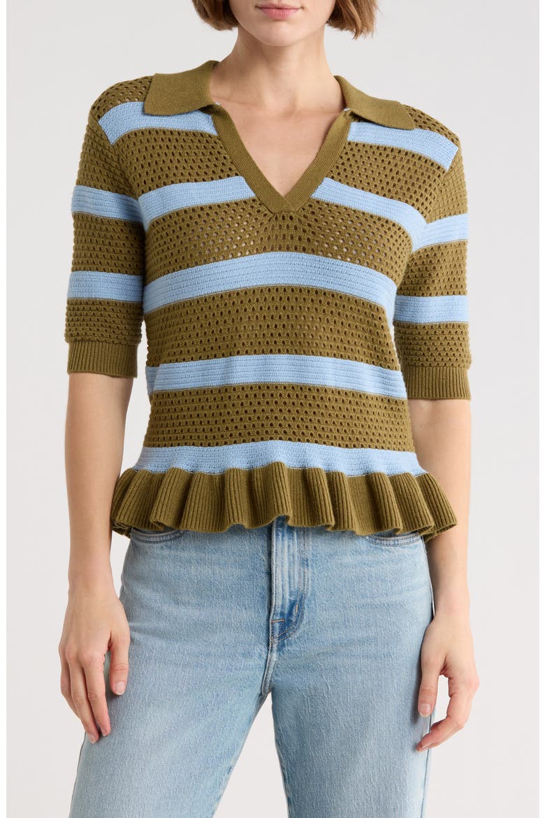 Pointelle Peplum Sweater, Main, color, GREEN MOSS/ CERULEAN
