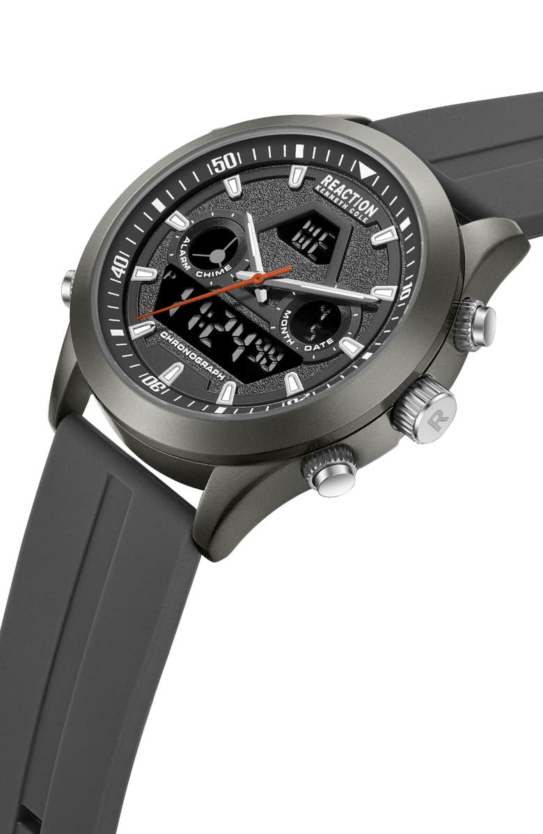 Kenneth Cole Reaction Analog Digital Silicone Strap Chronograph Watch, 47mm, Alternate, color, Gray
