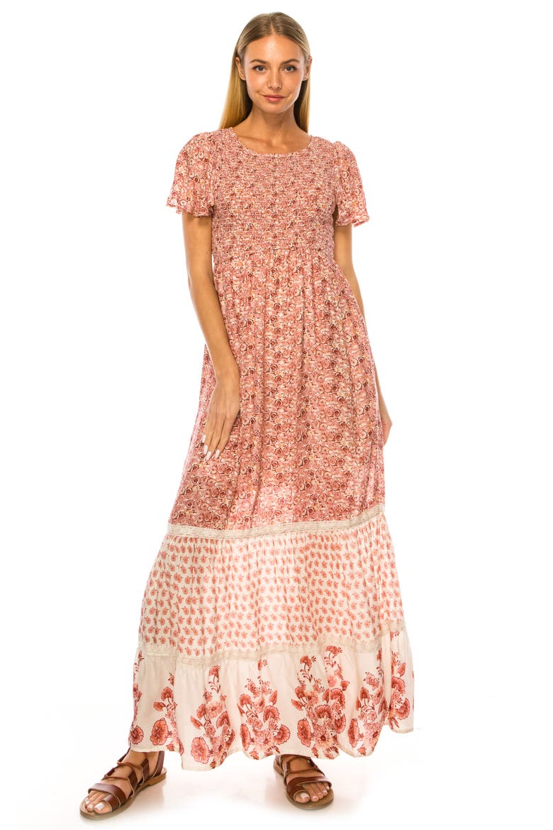 Floral Smocked Bodice Tiered Maxi Dress, Alternate, color, ROSE PINK