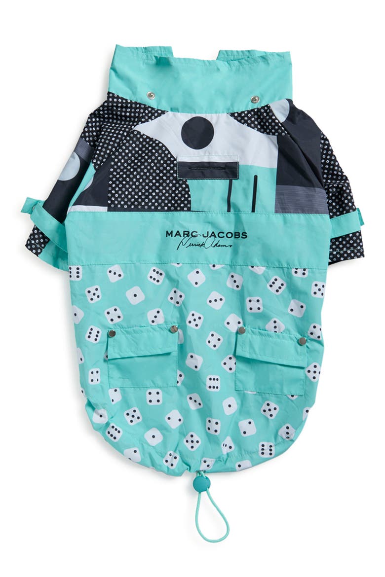 x Marc Jacobs Talon Water Repellent Dog Raincoat, Alternate, color, AQUA / BLACK
