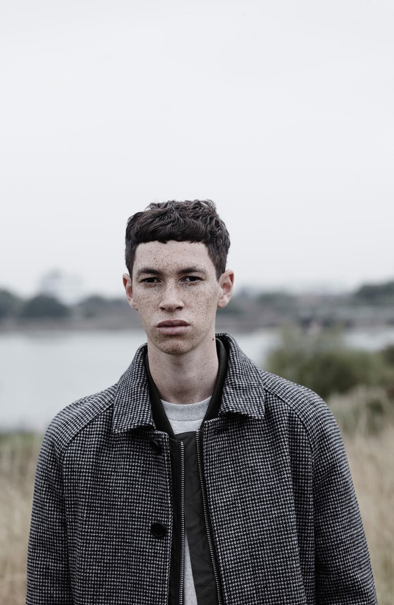 Topman Houndstooth Wool Blend Mac Coat, Alternate, color,