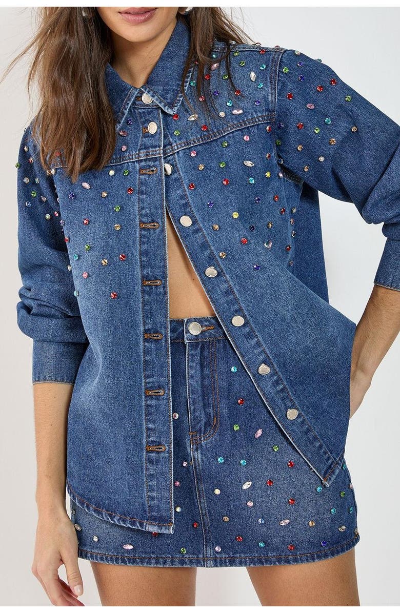 NASTY GAL Denim Embellished Long Sleeve Shirt, Alternate, color, Authentic Midwash