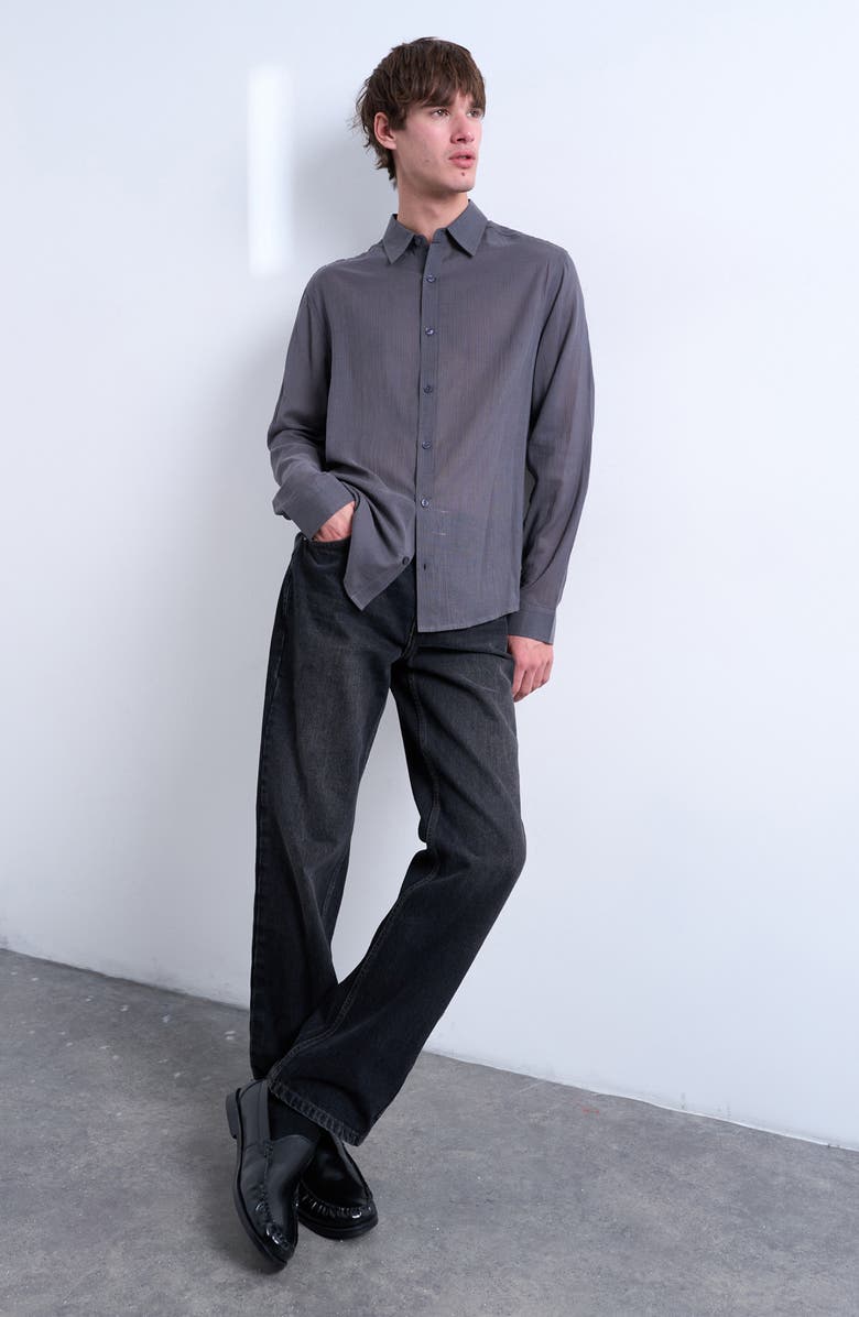 Topman Pinstripe Semisheer Cotton Button-Up Shirt, Alternate, color, Charcoal