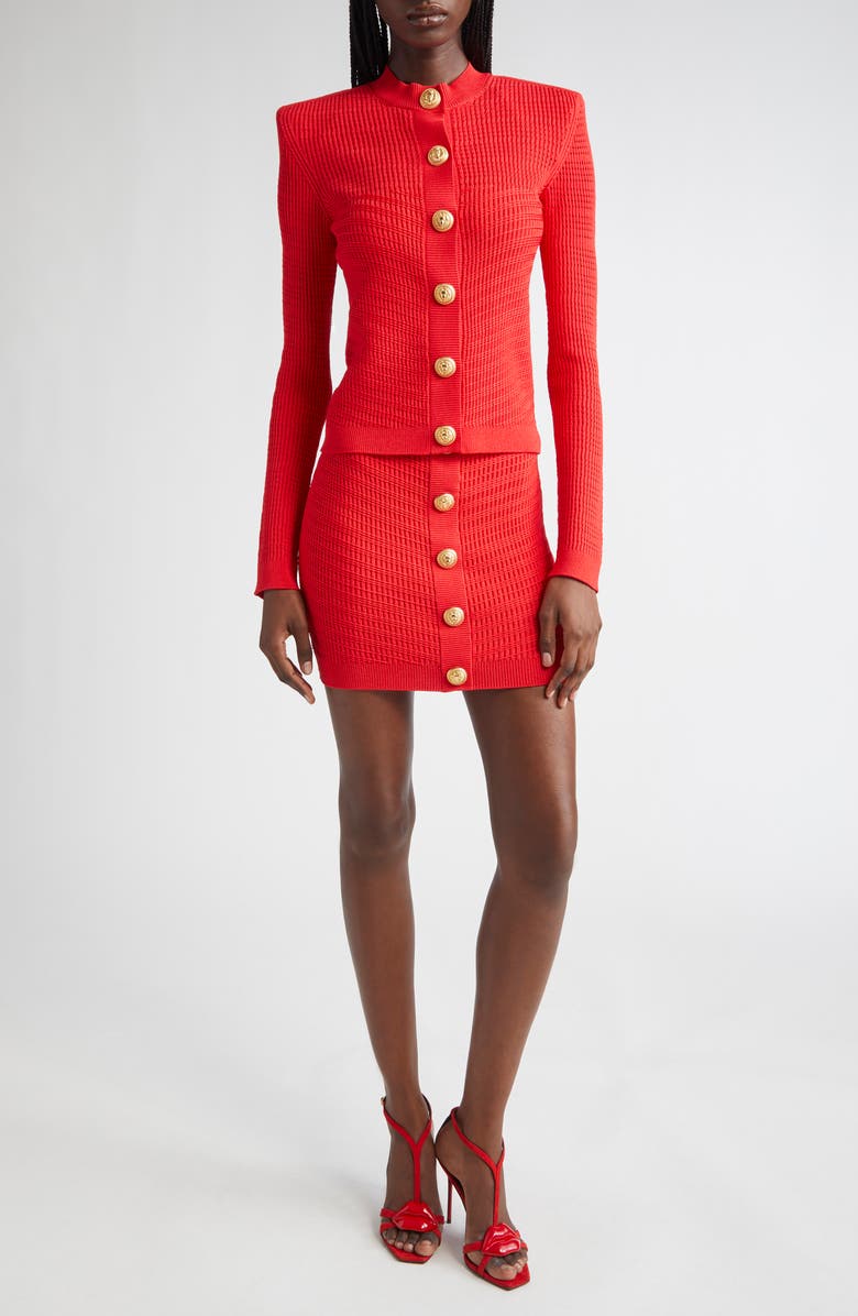 Balmain Button Detail Knit Miniskirt, Alternate, color, Bright Red