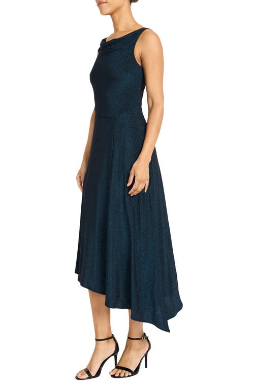 Maggy London Glitter Knit Side Draped Midi Dress In Navy