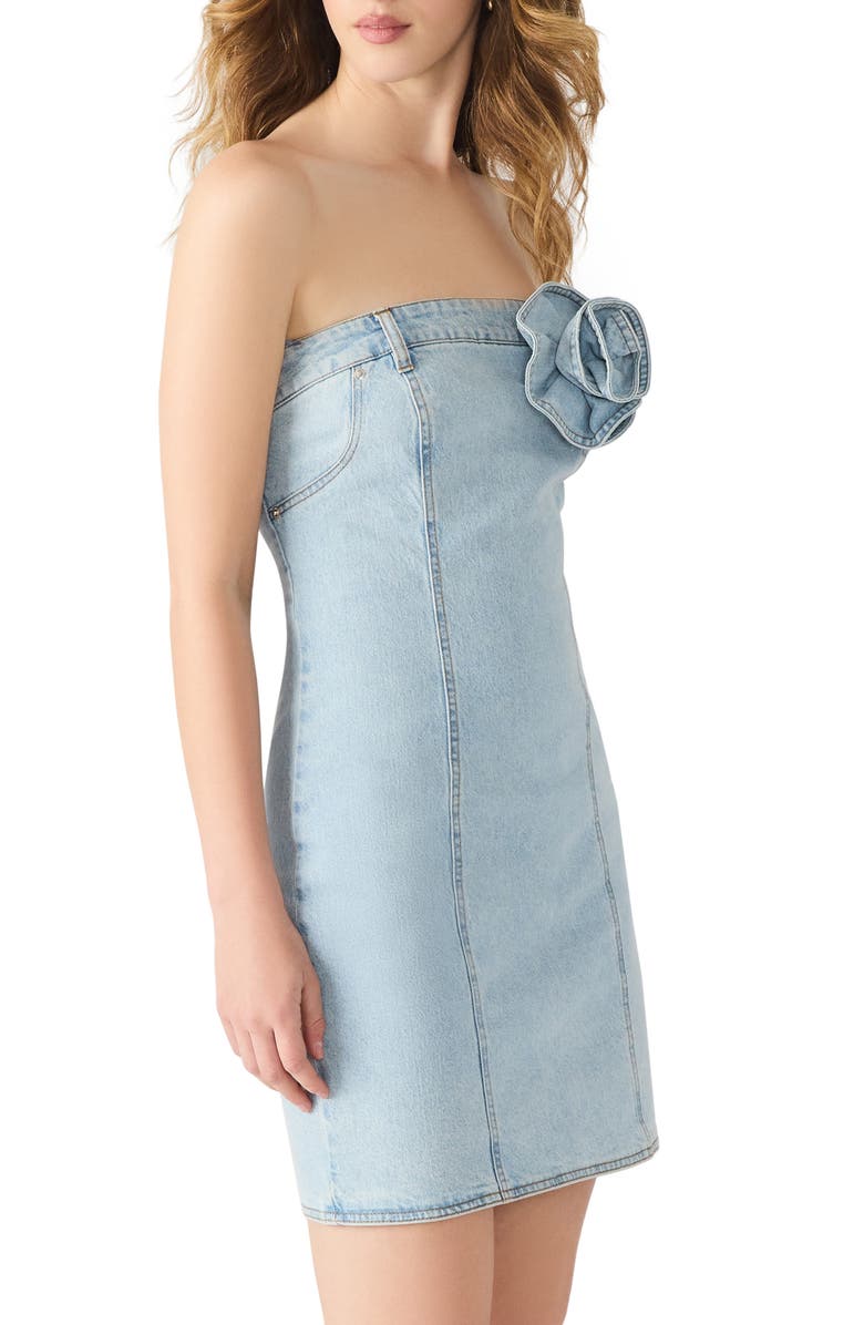 Steve Madden Rosette Strapless Denim Minidress, Alternate, color, Delray Wash