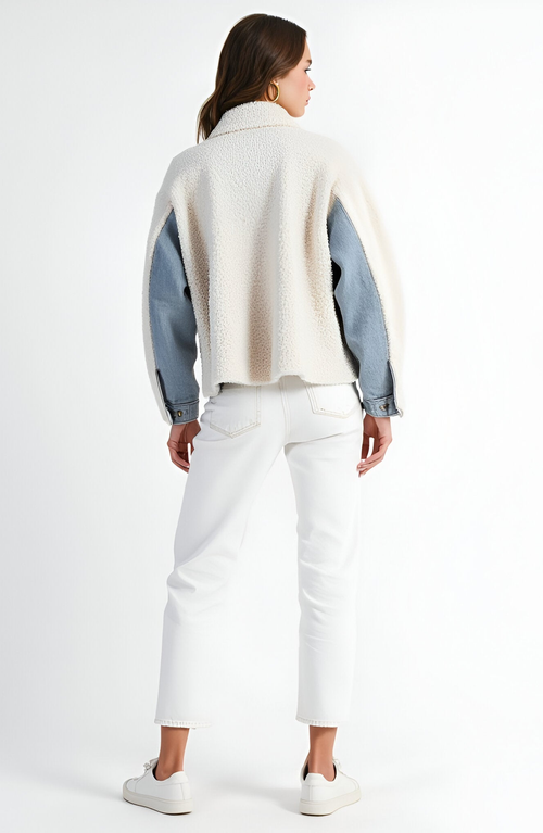 Modenaire Denim Jacket With Faux Shearling Collar And Contrast Trim In Blue