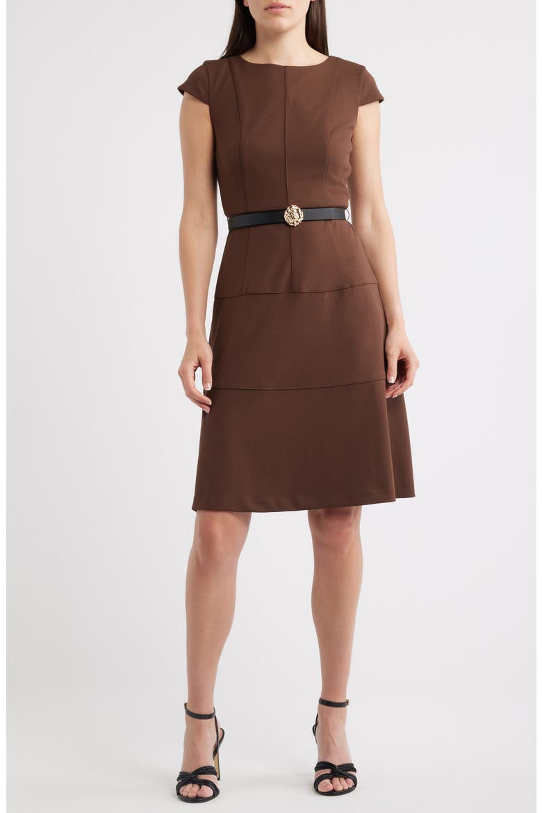 Heritage Belted Scuba Crepe Dress, Main, color, MOLASSES