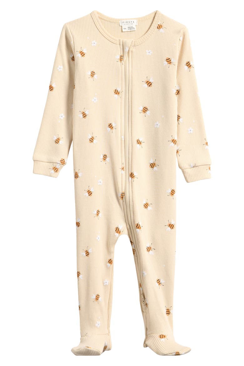 Bees Print Rib Footie, Main, color, BEIGE