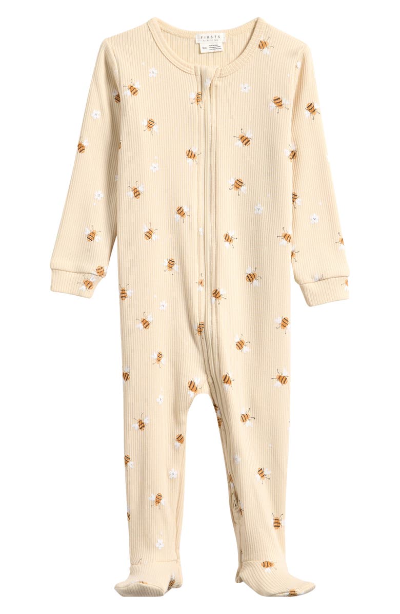 Petit Lem Bees Print Rib Footie, Main, color, Beige