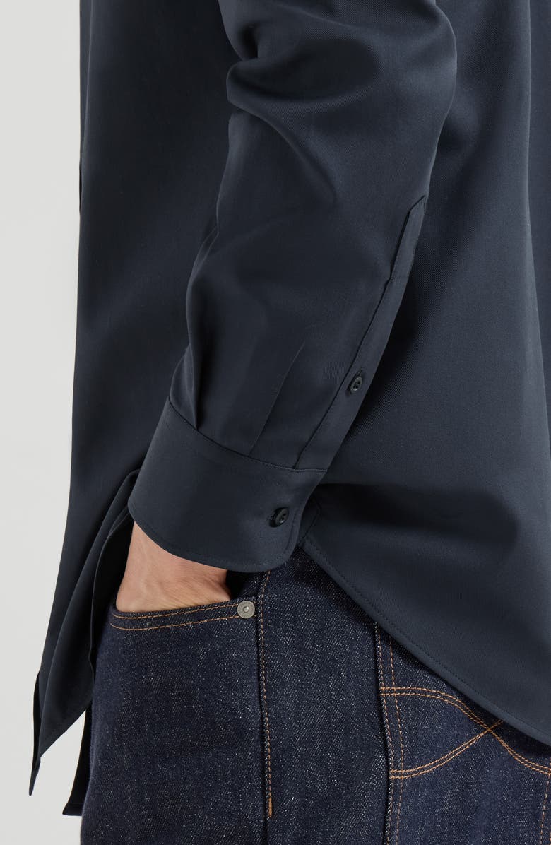 Brunello Cucinelli Garment-dyed twill  shirt with spread collar, Alternate, color, Navy Blue