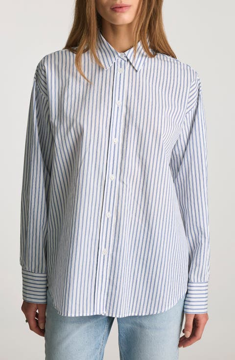 Stripe Relaxed Fit Cotton Blend Button-Up Shirt