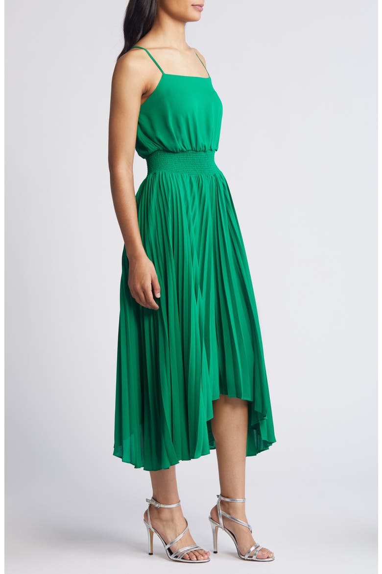 Pleated Sharkbite Hem Midi Dress, Alternate, color, JOLLY GREEN