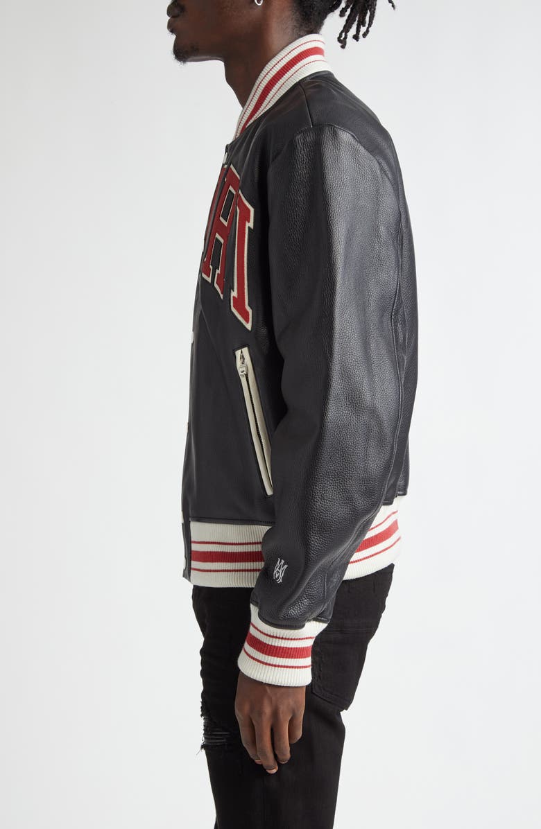 AMIRI Varsity Logo Leather Bomber Jacket, Alternate, color, Black