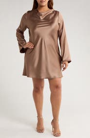 Renee C Cowl Neck Long Sleeve Satin Minidress
