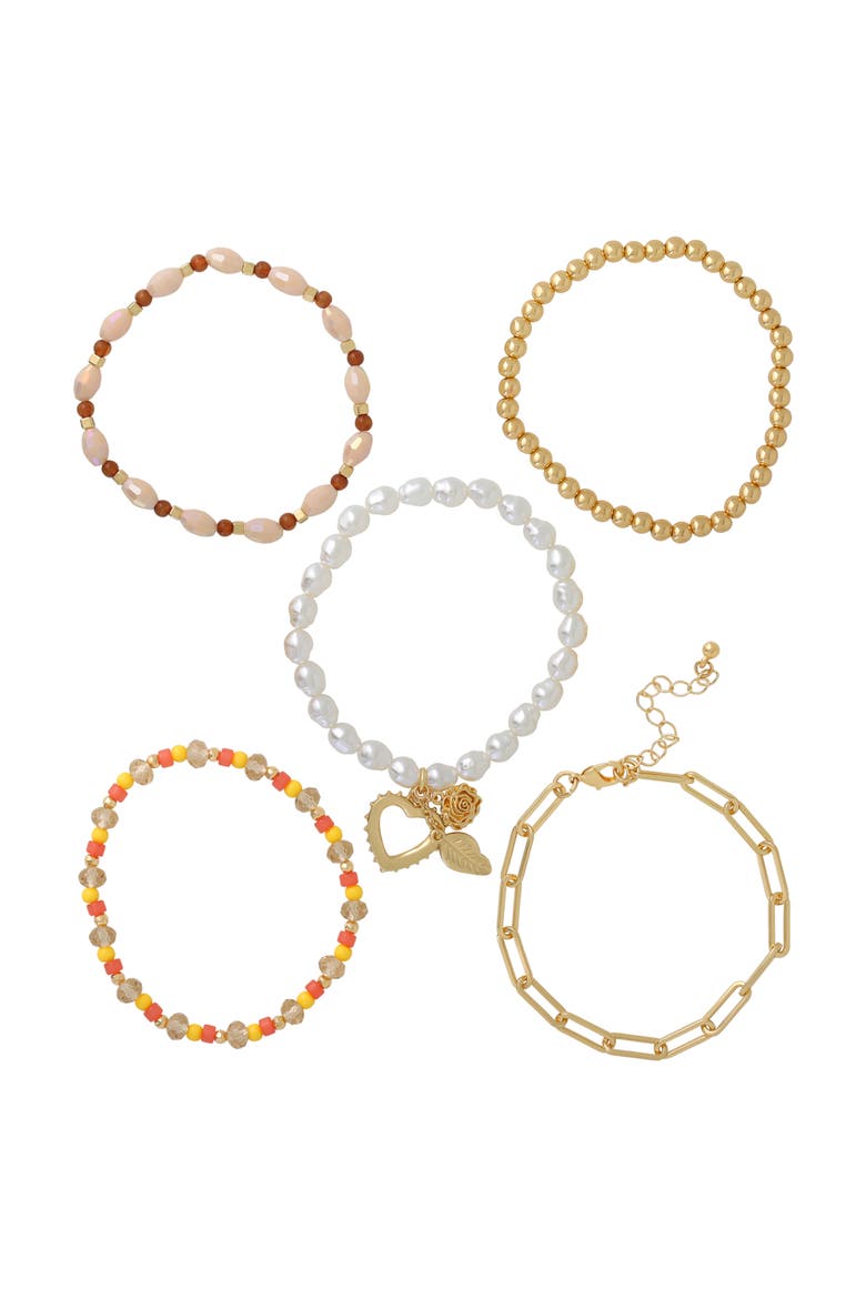Stackable Gold-Tone and Bead Bracelets for Women 5-Piece Set, Main, color, Gold-Tone