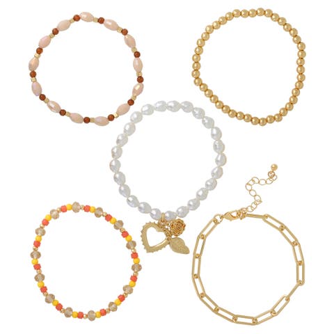 Stackable Gold-Tone and Bead Bracelets for Women 5-Piece Set