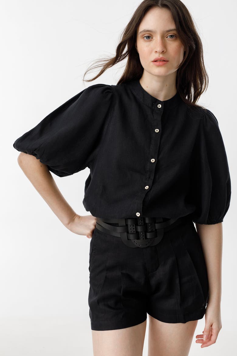 Bubble Linen Shirt, Alternate, color, Black