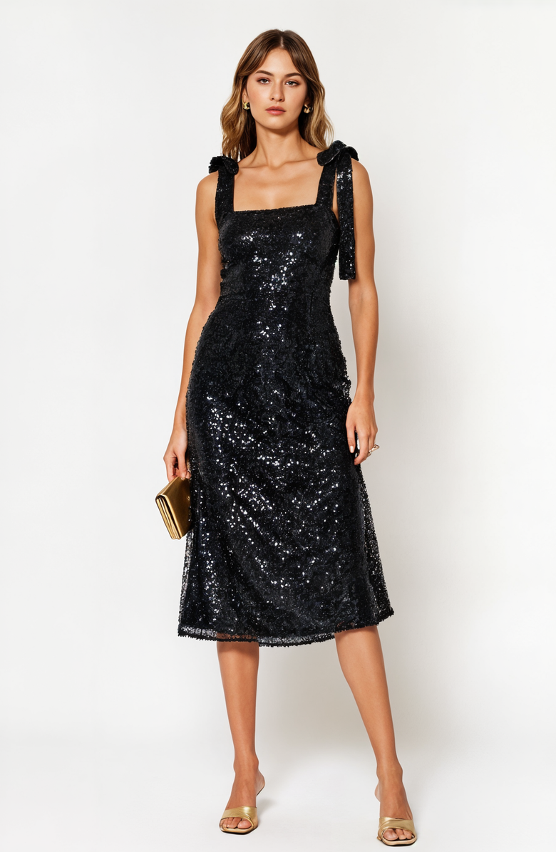 Modenaire Sequin Midi Dress with Tie Straps and Square Neckline, Alternate, color, Black Sequin