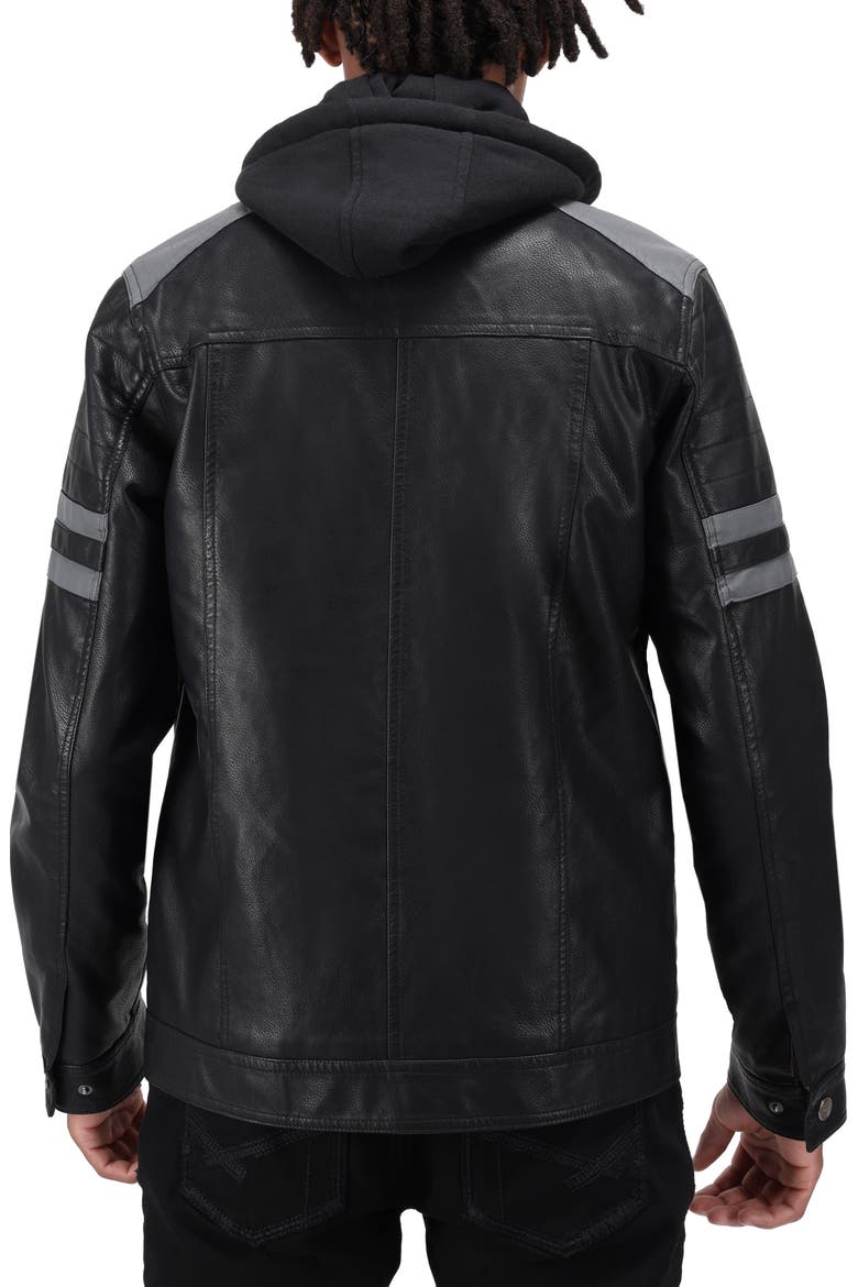 Faux Leather Hooded Moto Jacket, Alternate, color, BLACK/ GREY