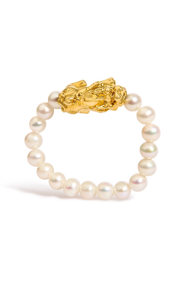 18K Yellow Gold Freshwater Pearl Dragon Charm Adjustable Ring Band, Main, color, Yellow Gold