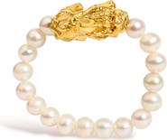 Haus of Brilliance 18K Yellow Gold Freshwater Pearl Dragon Charm Adjustable Ring Band