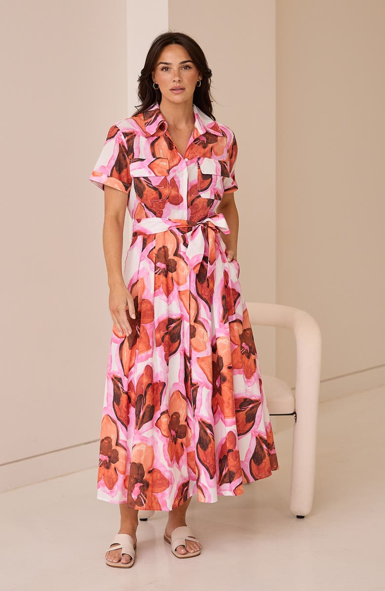 Brave+True Rossellini Floral Short Sleeve Tie Waist Shirtdress, Alternate, color, Azalea