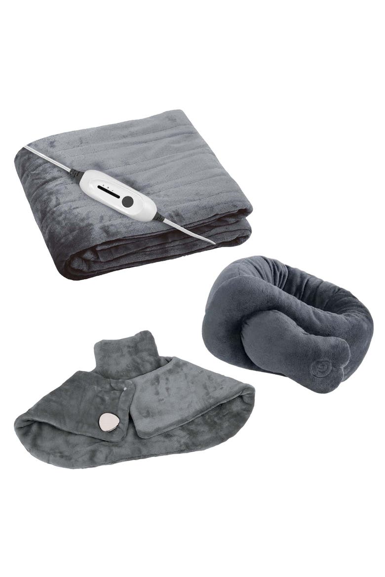 Ultimate Cozy Comfort & Relaxation Bundle Heated Blanket, Neck & Shoulder Heating Pad, and Massaging Wrap, Main, color, Grey