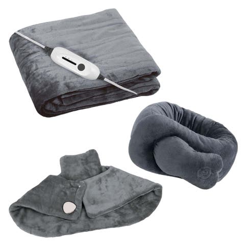 Ultimate Cozy Comfort & Relaxation Bundle Heated Blanket, Neck & Shoulder Heating Pad, and Massaging Wrap
